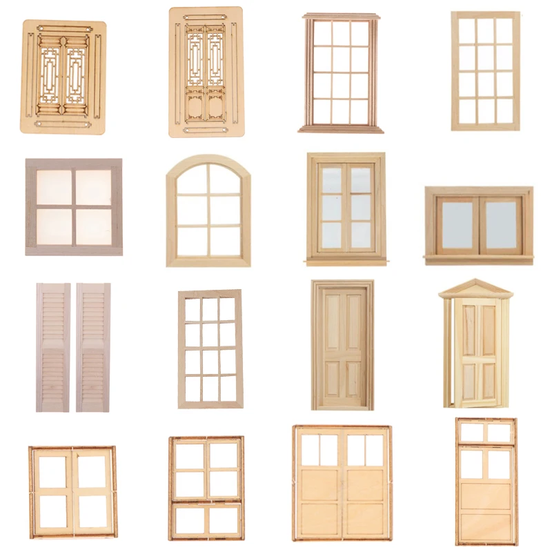 

1:12 Dollhouse Miniature Furniture Mini Unpainted Wood Door External Hollow Door Window Modle Frame DIY Doll House Accessories