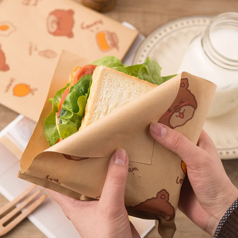 

25Pcs Cartoon Bear Kraft Baking Package Bag Triangles Sandwich Bags Bread Donut Burger Packing Bags Oilproof Food Wrapper Paper
