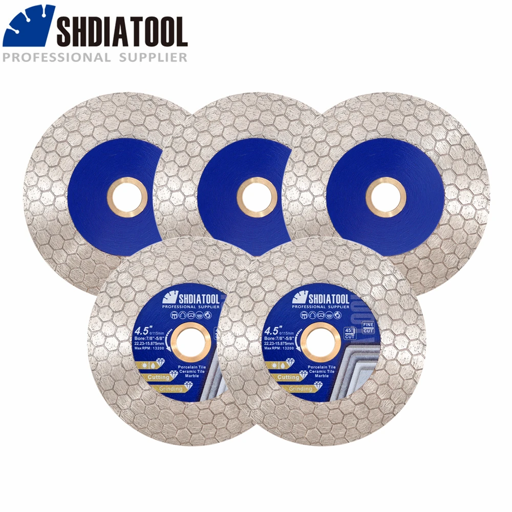 SHDIATOOL 5pcs Hexgonal Double Sided Diamond Cutting Disc 115mm Grinding Wheel Saw Blade Granite Marble Tile Ceramic