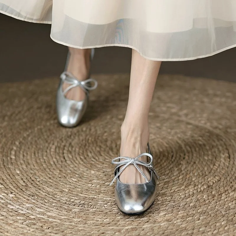

French Retro Silver Toe Sandals Women's 2022 Summer Brand Design Low Heel Back Empty Mary Jane Shoes Sweet Bow Elegant Shoes