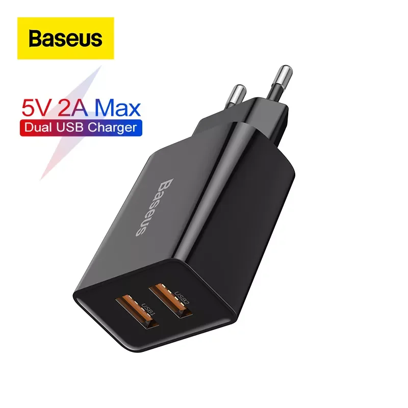 

NEW2023 Baseus Dual USB Charger EU Plug 2.1A Max Fast Charging Portable Phone Charger Mini Wall Adapter Charger