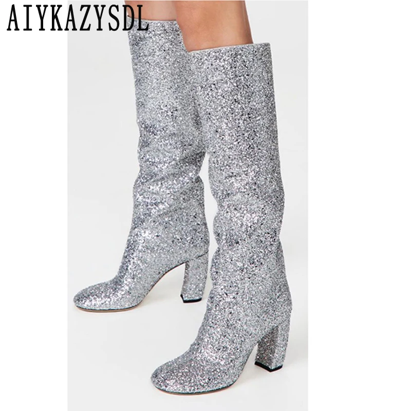 

Женские высокие сапоги с блестками AIYKAZYSDL, высокие сапоги на толстом блочном высоком каблуке, без застежки, большие размеры