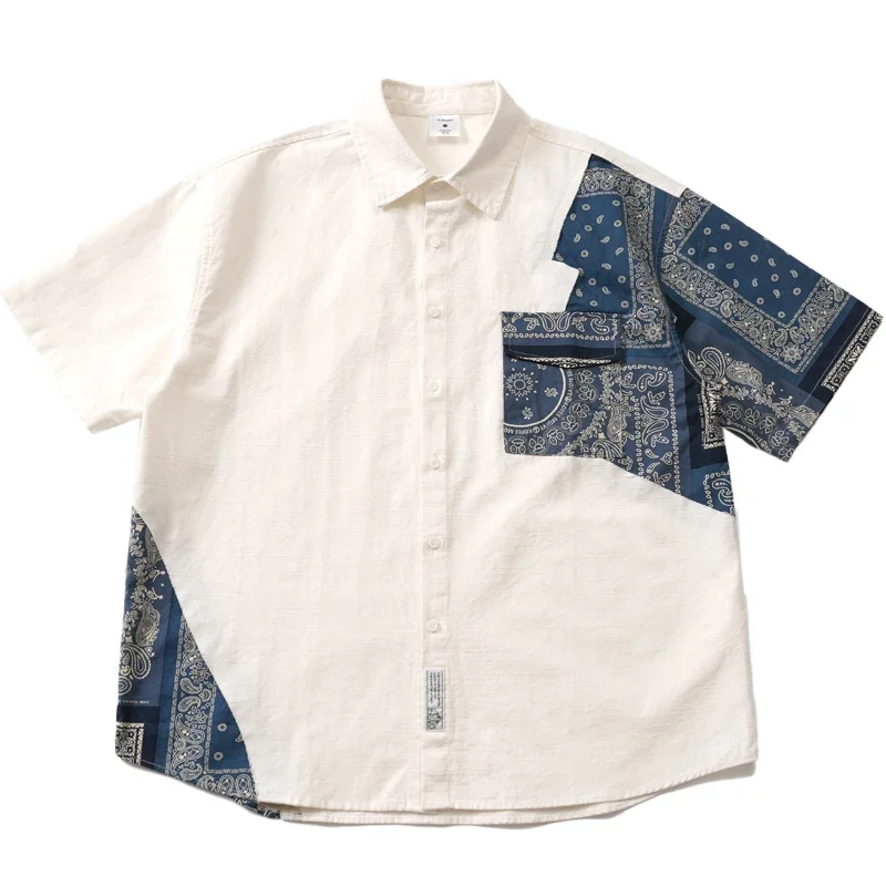 

Japanese Retro Ethnic Style Patchwork Short Sleeved Printed Shirt Loose Bamboo Knot Fabric Jacket Men's Trend