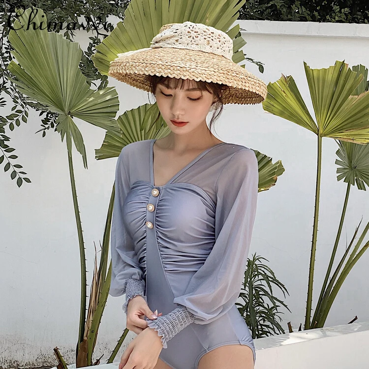 

2022 Summer New Blue Sexy V-neck Long Sleeve Swimwear for Ladies Fashion Slim fit Seaside One-Piece Swimsuit Women's