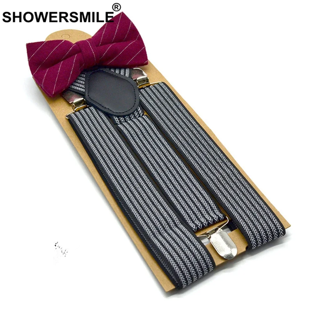 SHOWERSMILE Черно-белые полосатые подтяжки с галстуком-бабочкой