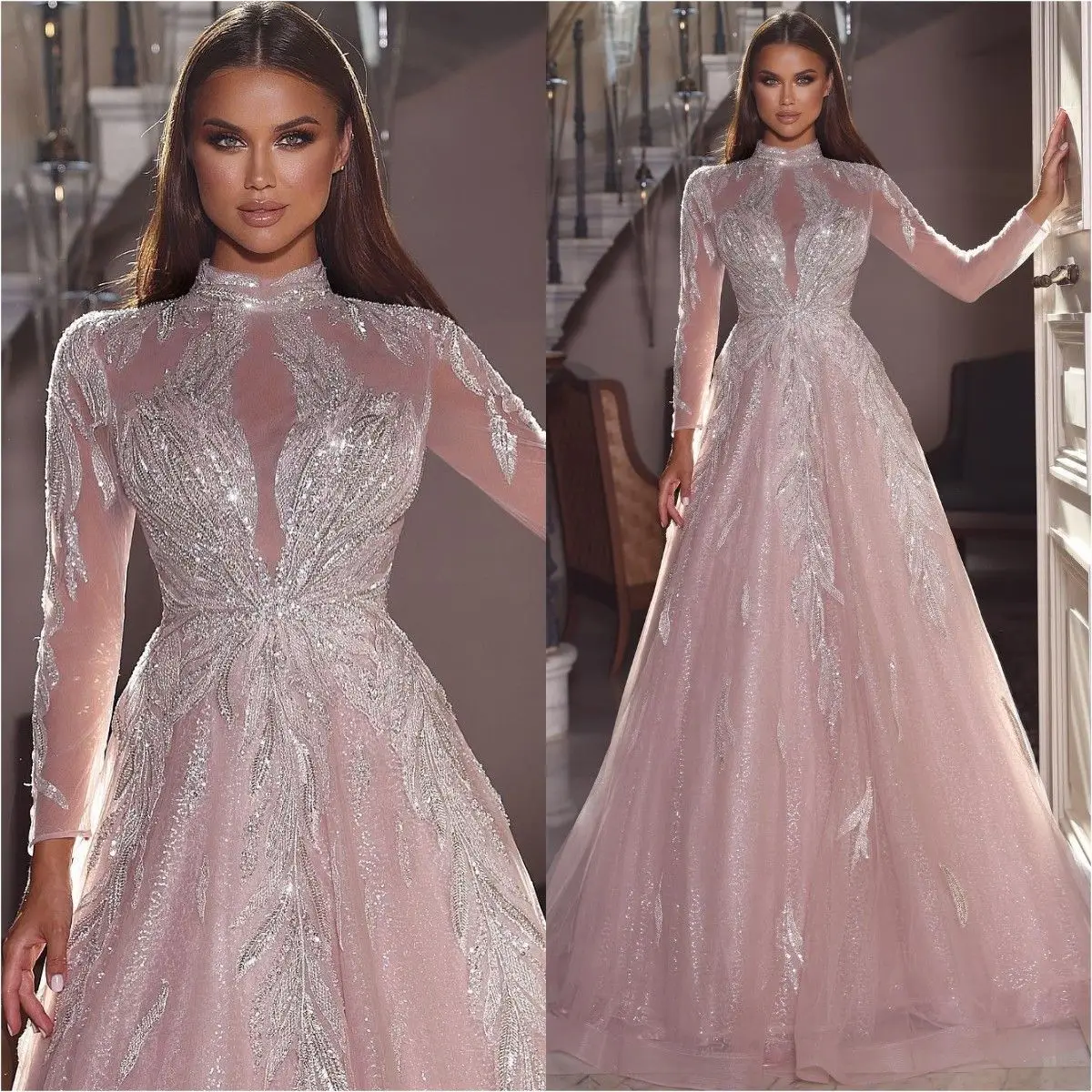 

Сексуальные платья для выпускного вечера с длинным рукавом и V-образным вырезом, кружевные ажурные блестящие вечерние платья с аппликацией ...