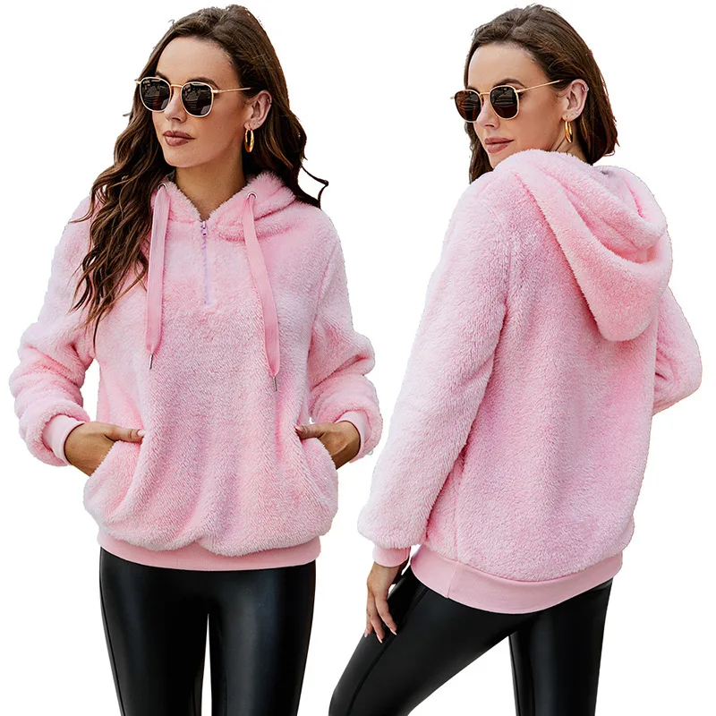 

Autumn And Winter Long Sleeve Hooded Collar Solid Color Women's Sweater Sweater Flannel Coral Velvet Top Hoodies Sweatshirt