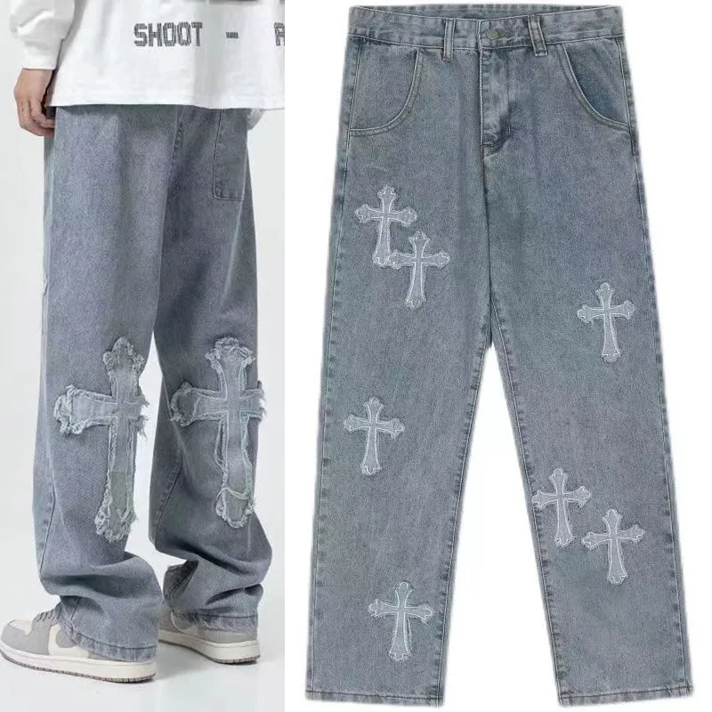 Retro Y2K Embroidered Men's Jeans European And American High Street Cross Hip Hop Tide Brand Straight Loose Pants Ins Hot Sale 2