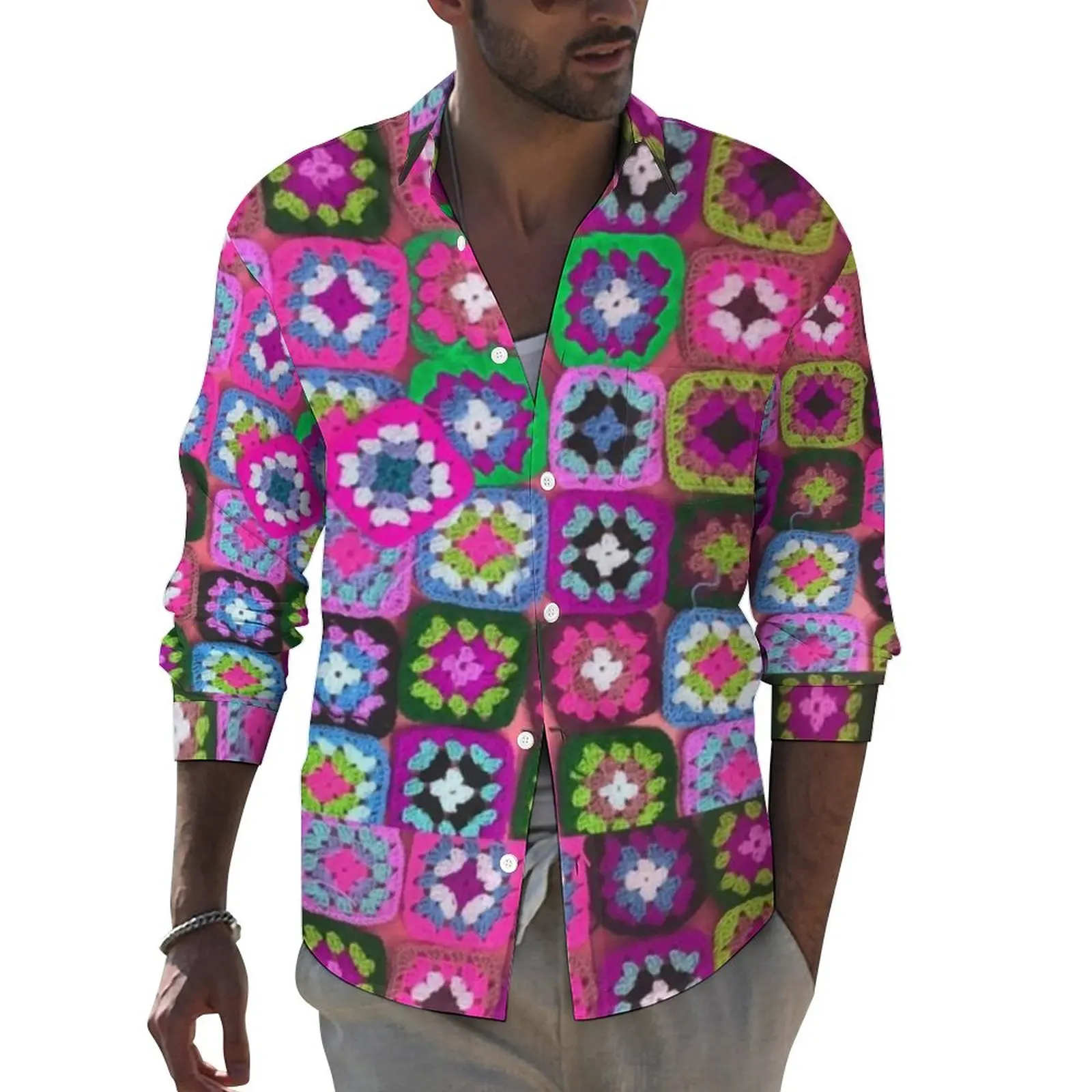 

Hippy Peace Casual Shirts Male Square Vintage Print Shirt Long Sleeve Retro Funny Blouses Autumn Design Clothing Big Size