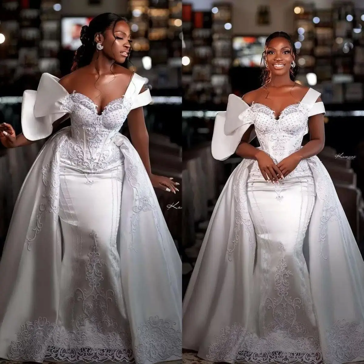

Off the Shoulder Embroidery Beaded Mermaid Wedding Dress with Detachable Train Robe De Mariage Plus Size Bridal Gowns