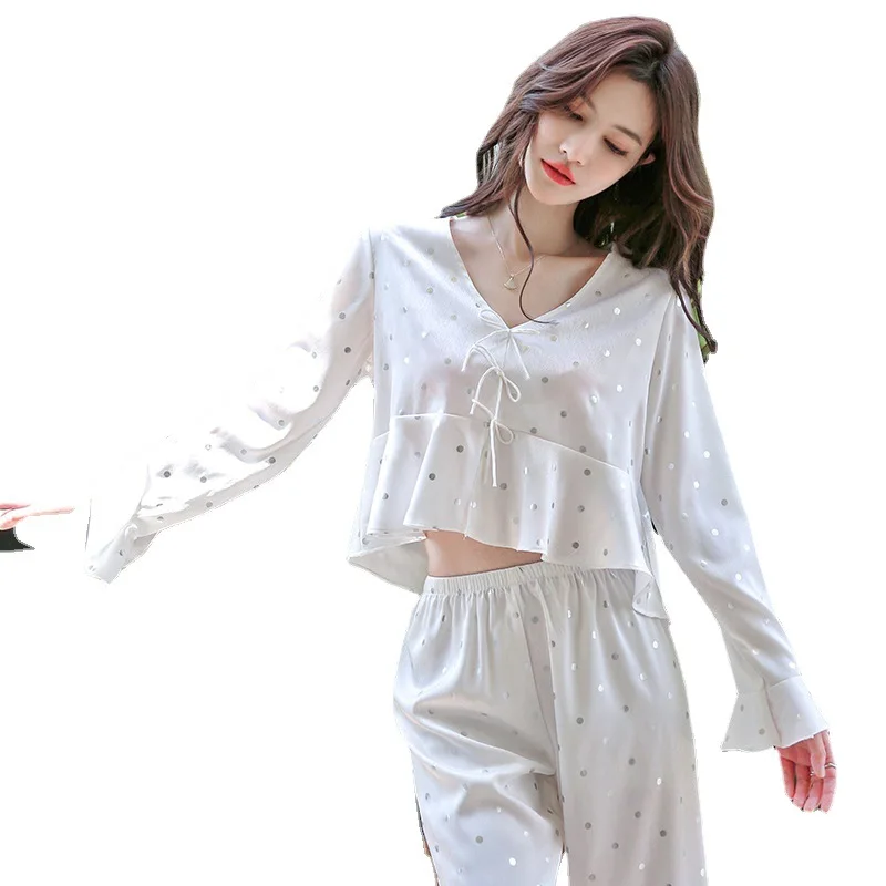 2023 New Products Ice Silk Pajamas Women's Long-sleeved Wave Dot Printed Home Clothes Pajamas Set  Pijamas Women