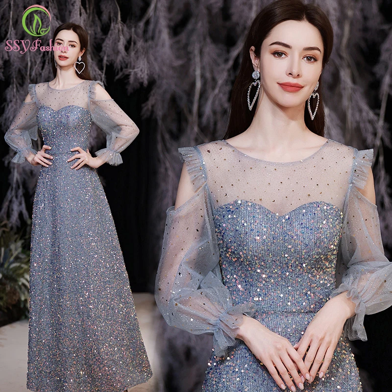 

SSYFashion New Grey Blue Sequins Evening Dress for Women Scoop A-line Long Sleeve Floor-length Glittering Formal Gowns Vestidos