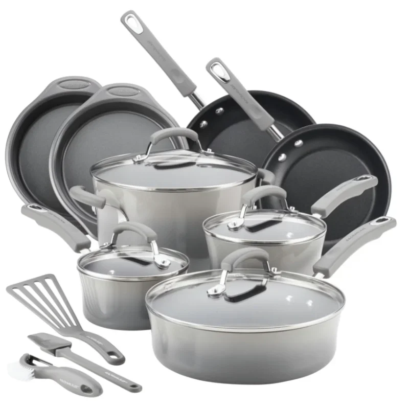 

Rachael Ray 15-Piece Hard Enamel Aluminum Nonstick Cookware Set Gray Cooking Pots Set Cookware Set Non Stick