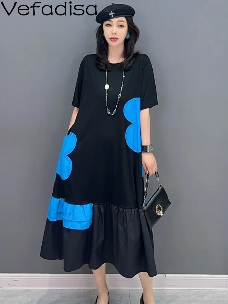

Vefadisa 2023 Spring Summer New Fashion Patchwork Print Dress Versatile Personalized Elegant Flower Trendy Girl Women Wear ZY474