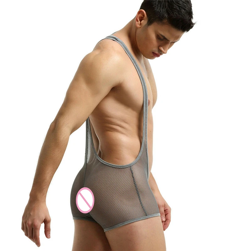 FYXLJJ Sexy Mesh Mens Undershirts See Through Bodysuit Lingerie Transparent Jumpsuit Leotard Fitness Wrestling Singlet Bodysuits