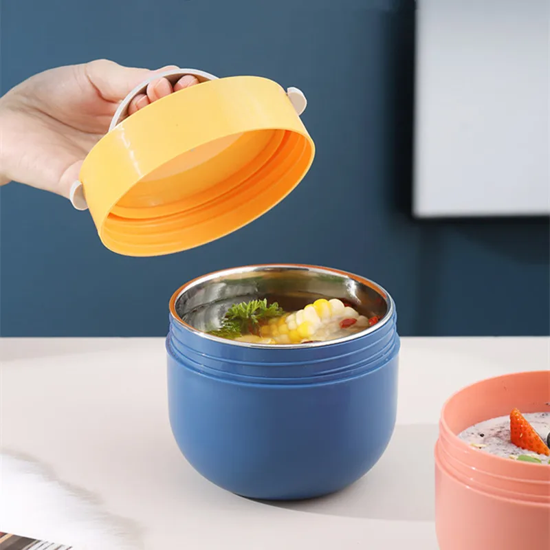 

Round Portable Stainless Steel Thermal Lunch Box Microwave Heated Food Bowl Kitchen Storage Container Camping Utensils for Kids
