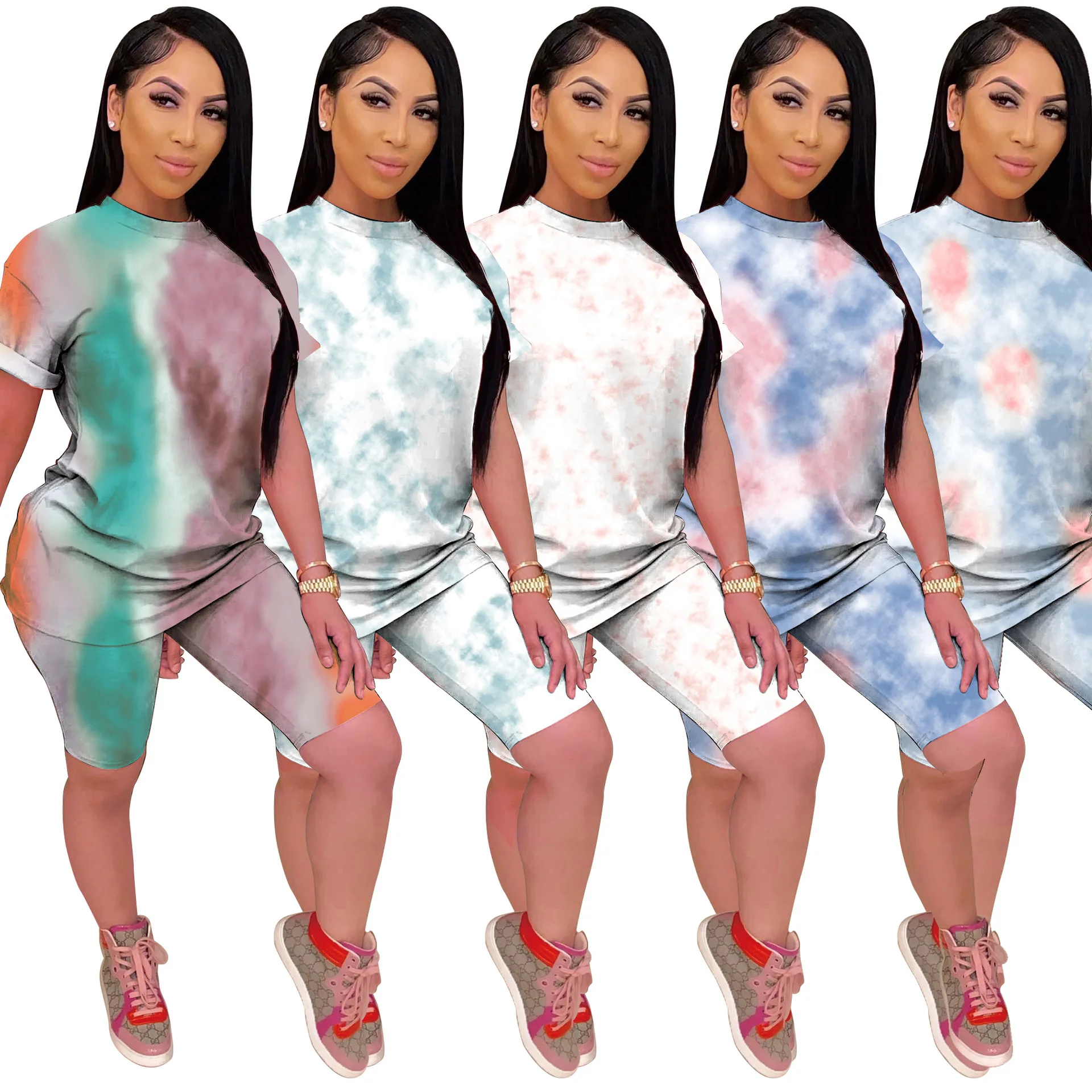 

M1075 Explosion Two Piece Sets Womens Outifits Casual Print Homewear Summer 2022 Womens Fashion Tie-Dye Sports Shorts Sets