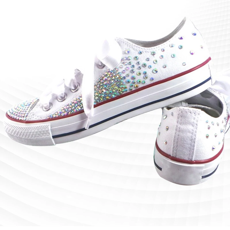 

Low-top white canvas shoes color pearl rhinestones walking street shooting handmade rhinestone vulcanized shoes 35-46