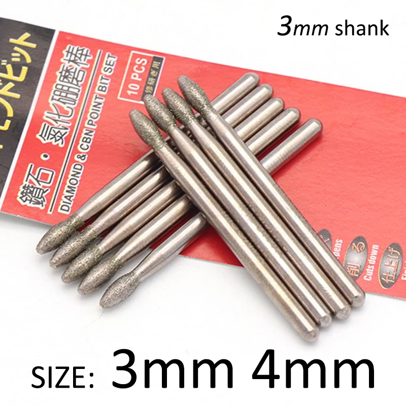 

5pcs 3mm 4mm Diamond & CBN Grinding Head Burr Point Bit 3mm Shank Carving Engraving Bits Olive Shaped for Dremel Rotary Tools