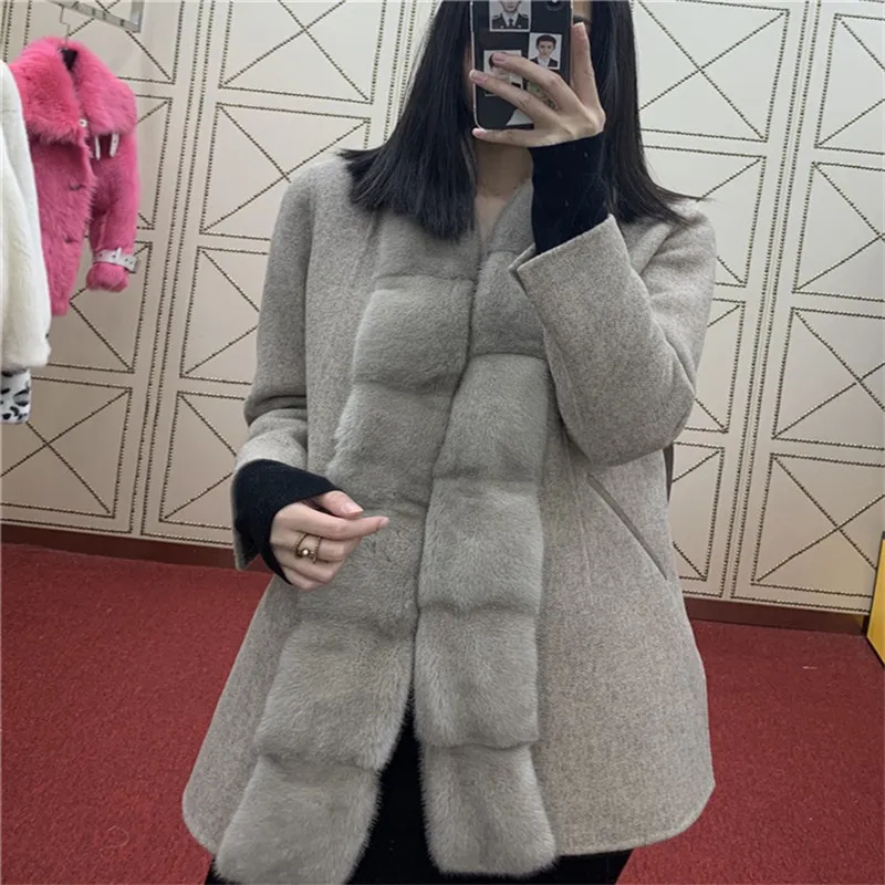 womens winter woolen coats 2022 New real mink fur collar 100% cashmere coat women