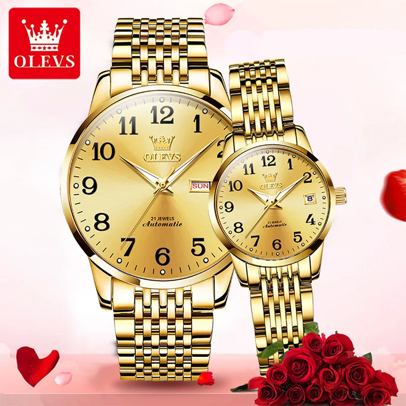 OLEVS 2022 Luxury Fashion Couple Calendar Week Display Stainless Steel Strap Watches Luminous Waterproof Mechanical Watch 6666