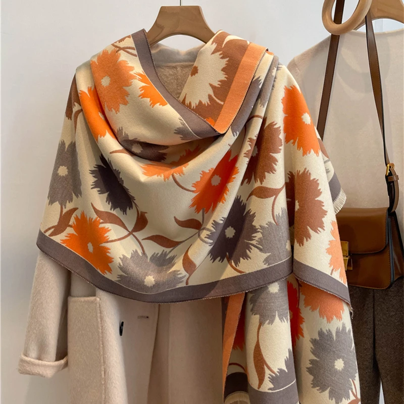 

Новый дизайн, Женский кашемировый толстый зимний теплый шарф, роскошная шаль с цветочным принтом, шаль, накидка, болеро, Bufanda, шейный платок