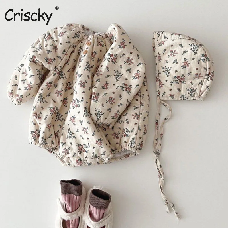 

Criscky Korea Baby Girl Romper+Hat Cotton Long Sleeve Floral Baby Girl Clothes Infant Playsuit Jumpsuits Newborn Clothes