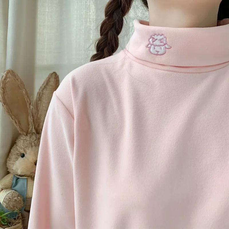 

Hikigawa 2023 Turtleneck Slim T-shirts Casual Chic Fashion Sheep Embroidery Tops Women Long Sleeve All Match Roupas Femininas