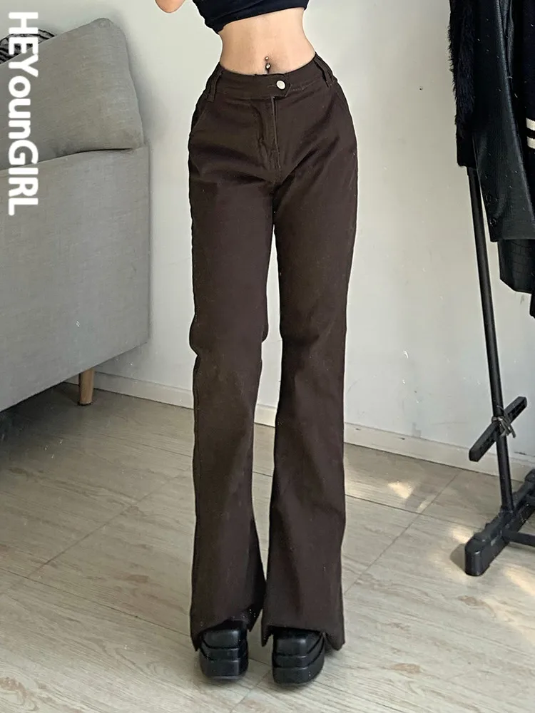 

Темно-коричневые женские длинные брюки HEYounGIRL, винтажные облегающие прямые брюки с высокой талией, Y2K, повседневные Элегантные женские брюки...