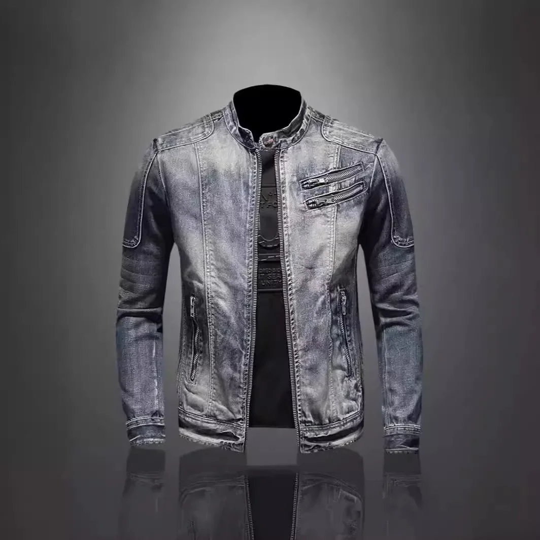 Мужская джинсовая куртка на молнии с воротником-стойкой