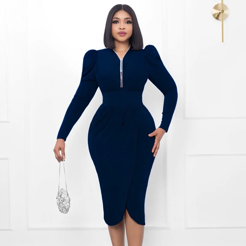 

Sexy Pack Hip Pencil Dress African Women's Solid Color V-Neck Long Sleeve Dress Irregular Slim Party Evening Dress 2023 Winter