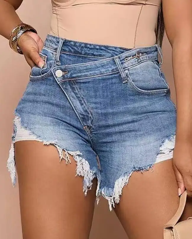 

Woman Fashion Ripped Denim Shorts Pocket Button Design Washed Casual Denim Shorts Summer New Above Knee Female Shorts Streetwear