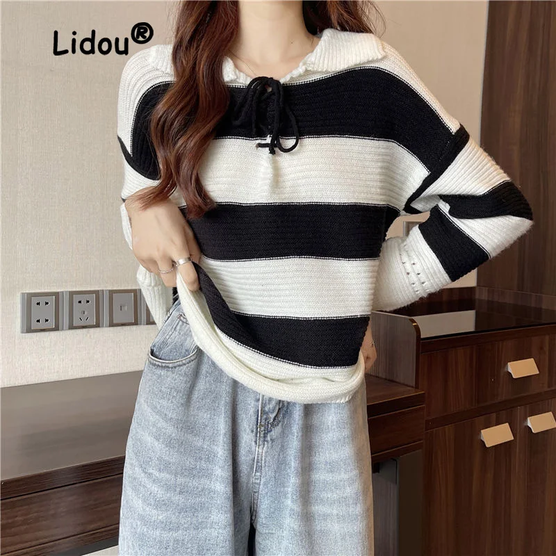 

2022 New Autumn Striped Butterfly Knot Lacing Sweater Women Long Sleeve Classic Polo Collar Loose Temperament Pullover Lady Top