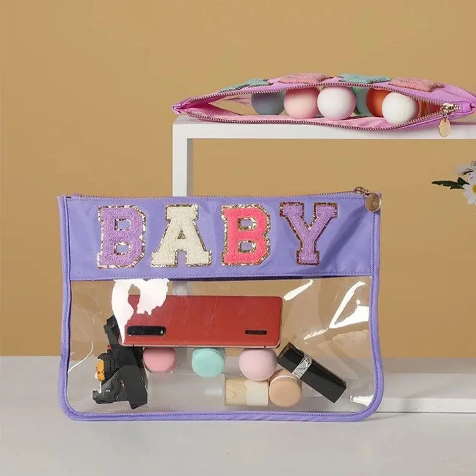 

1pcs Personalized Clear Transparent PVC Hand Purse Bag Solid Stadium Bag With Zipper Top Cosmetic Bags Pink/Navy сумка ​Domil103