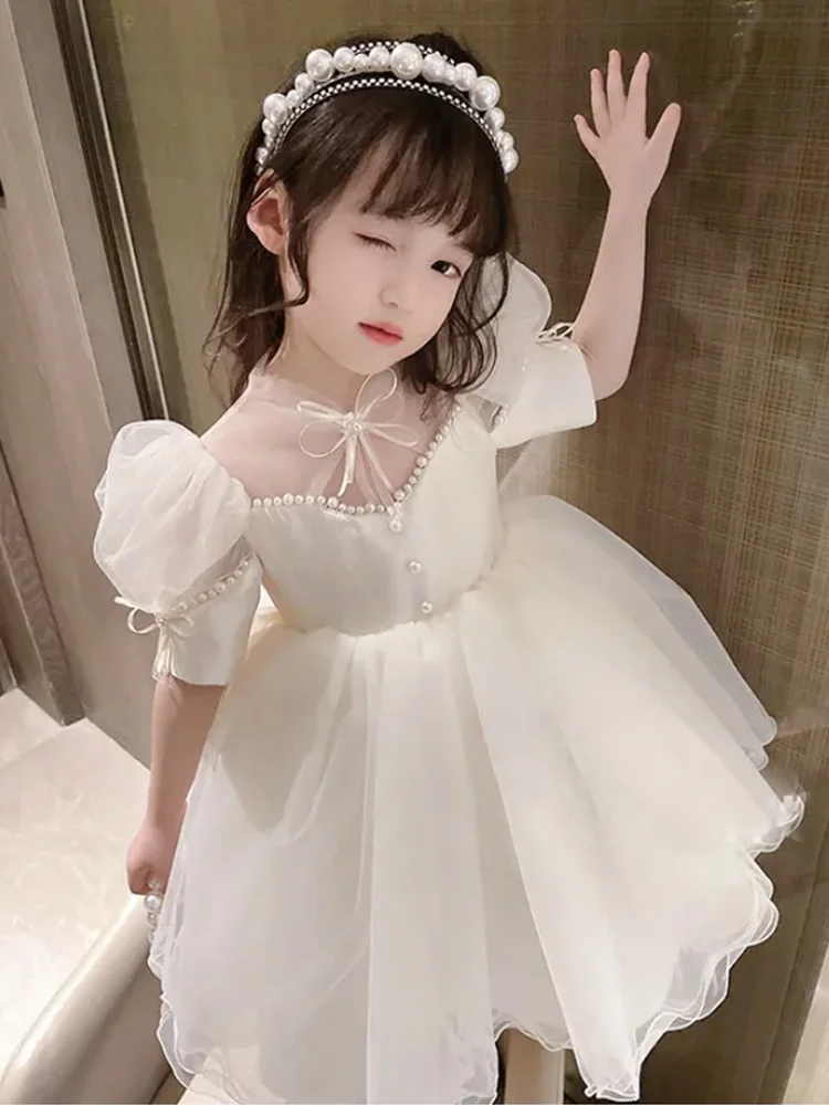 

Summer Fashion Trend Short Sleeve Bow Princess Sweet Sister High-end Noble Pearl Dress Skirt Dress Girl's Clothing