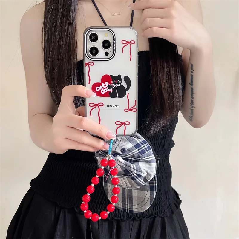 Чехол для телефона с милым мультяшным черным котом и бантиком для iPhone 15 Pro 13 14 Pro Max, защитные чехлы с цепочкой из бисера для 13pro 15 Kawaii (art.: 3920c90dbbf2f) - 3920c90dbbf2f