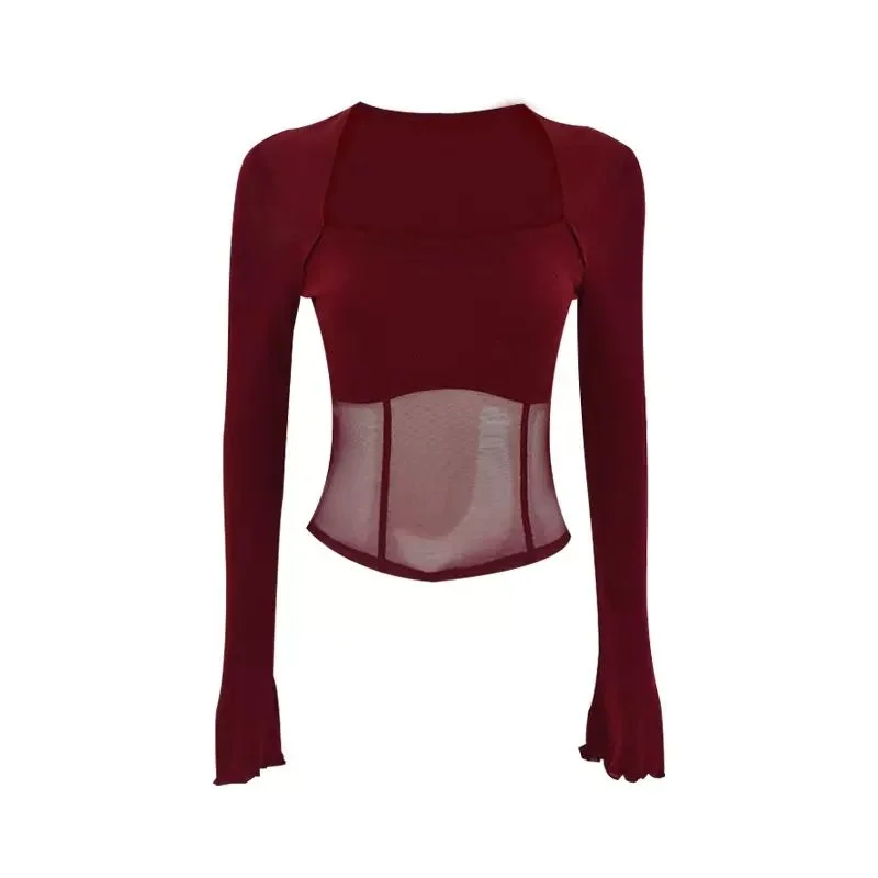 

Long Sleeve T-shirts Women Hotsweet Ins Y2k Streetwear Fashion Soft European Style Classic Clubwear Chic Design Mesh Patchwork