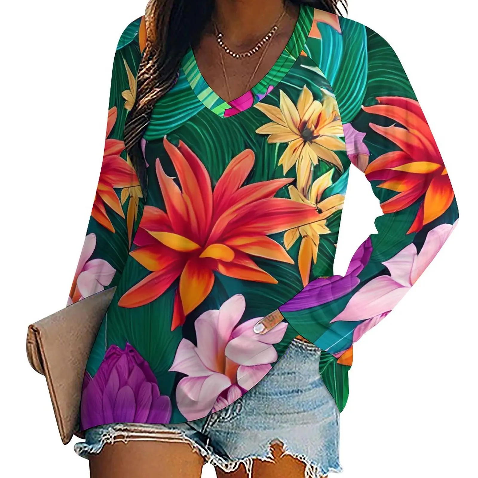 

Tropical Floral T Shirt Colorful Flowers Modern Long Sleeve T Shirts Korean Fashion Oversized Tees Lady Clothes Birthday Present