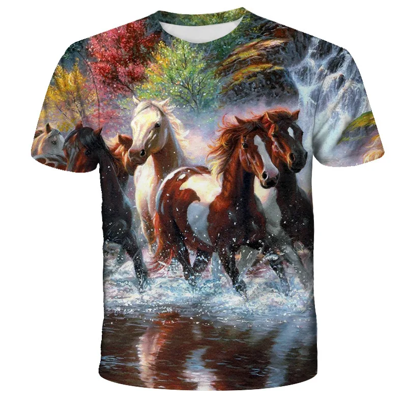 

2023 New Vintage Oil Painting Men Art Colo 3D Horse Printed T-shirt Women Summer Short Sleeve Commute Women Cool Casual Tee Tops