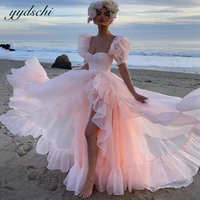 pink short puff sleeves tulle prom dresses princess beach party gown slit formal simple women evening dress 2022 robes de bal