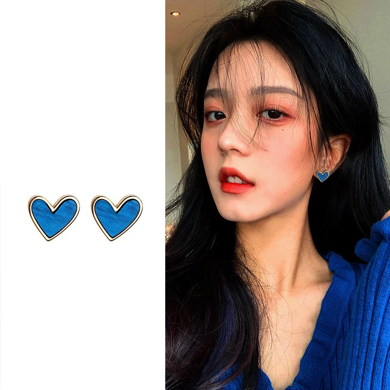 Маленькие милые серьги-гвоздики в форме сердца для женщин розовые синие серьги