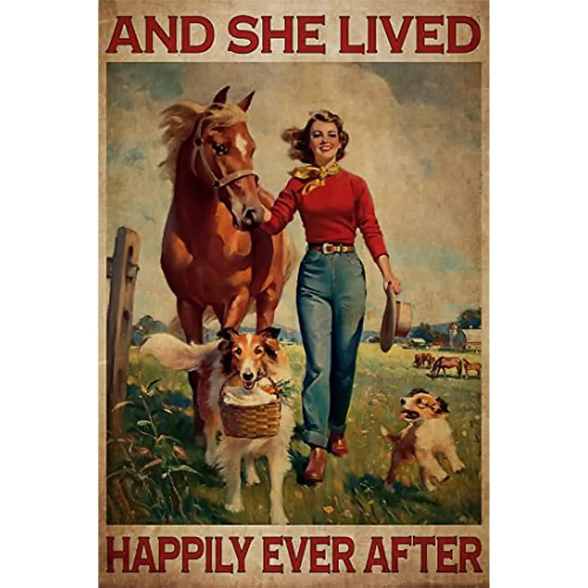 

Металлический жестяной знак, винтажная девушка с лошадью и собакой, металлический постер, «она жила счастливой после жизни», металлическое настенное искусство, декор для гостиной