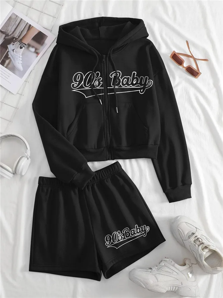 

High Street 90s Letter Graphic Women 2 Piece Set Zip Up Long Sleeve Drawstring Hoodie & Elastic Waist Shorts Y2K Clothes Autumn