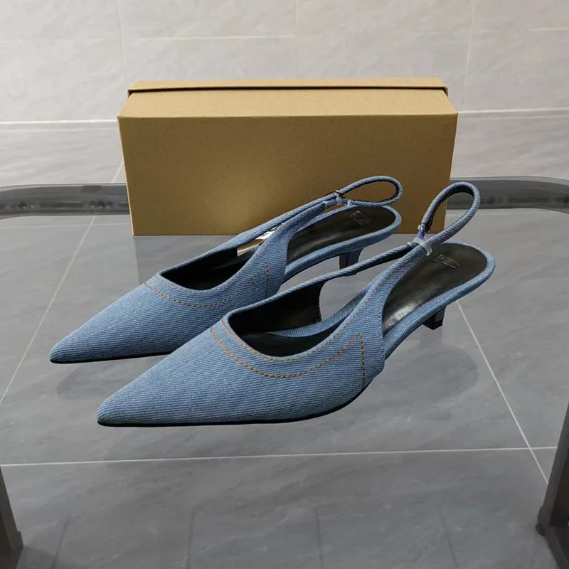 

Shoes for Women 2023 Autumn New Casual Shallow Mouth Pointed Toe Baotou Mid Heel Open Heel Blue Denim Sandals