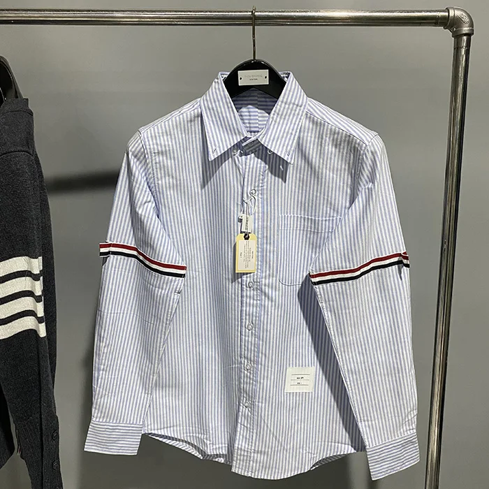 TB Shirt Striped Red, White and Blue Color Stripe Double Armband Embroidered Oxford Cotton Shirt for Men and Women