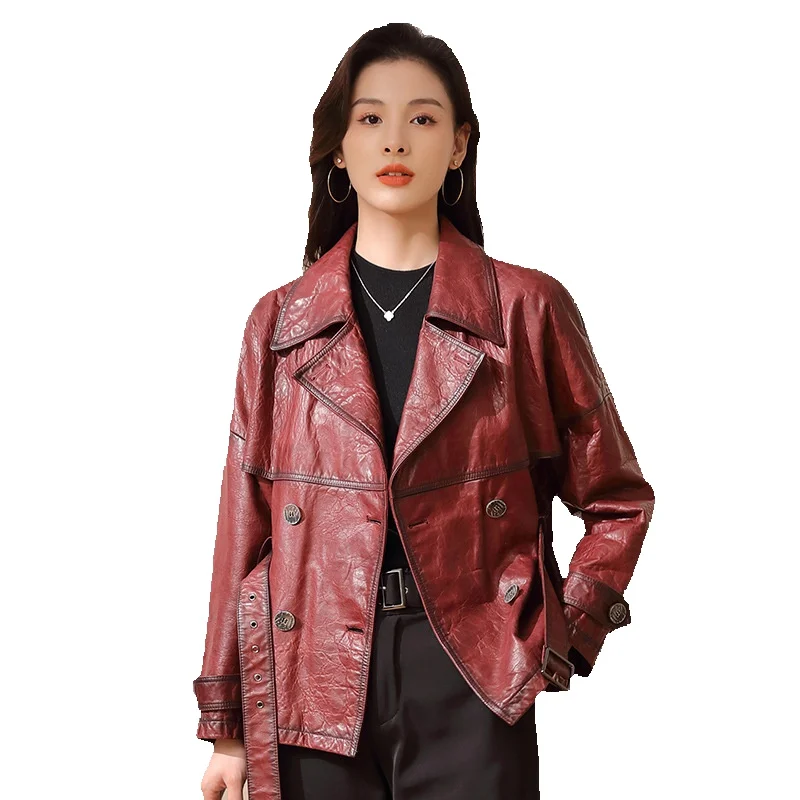 Длинная кожаная ветровка Женская куртка из натуральной кожи новый костюмный