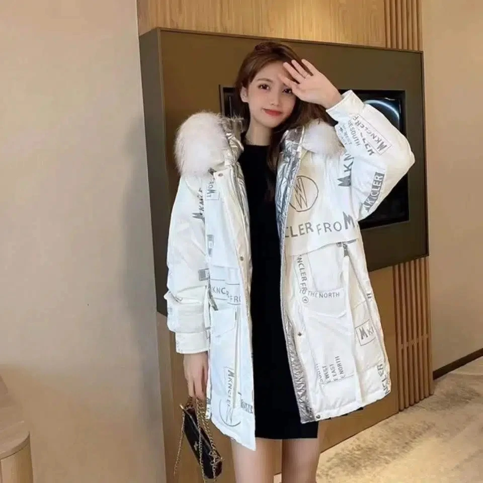 Parkas Women 2022 Winter New Down Padded Jacket Korean Loose Fashion Slim Down Cotton Coat Fur Collar Thick Warm Print Outerwear