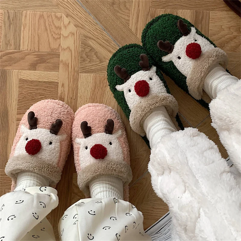 Winter Cartoon Elk Cotton Slippers Design Slip-On Women Soft Sole Warm Plush Ladies' Slides Indoor Cute Gift Memory Foam Shoes