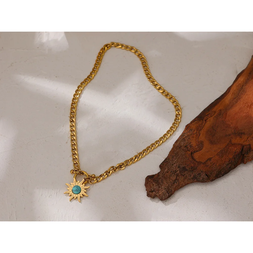 

Ожерелье для женщин из нержавеющей стали нишевой дизайн чувственный Подсолнух бирюзовый кулон цепочка до ключиц женские аксессуары