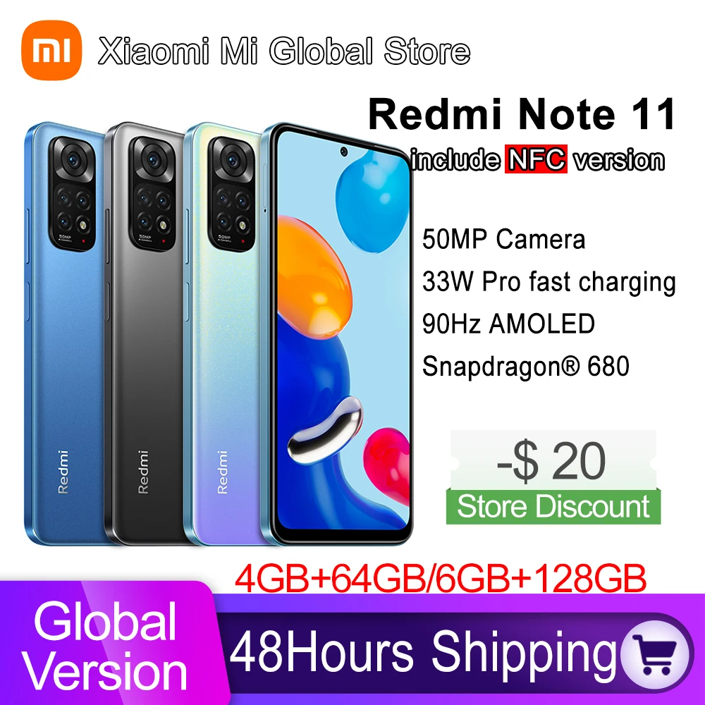 Global Version Xiaomi Redmi Note 11 Smartphone Snapdragon 680 Octa Core 33W Pro Fast Charging 50MP Quad Camera 64GB / 128GB NFC